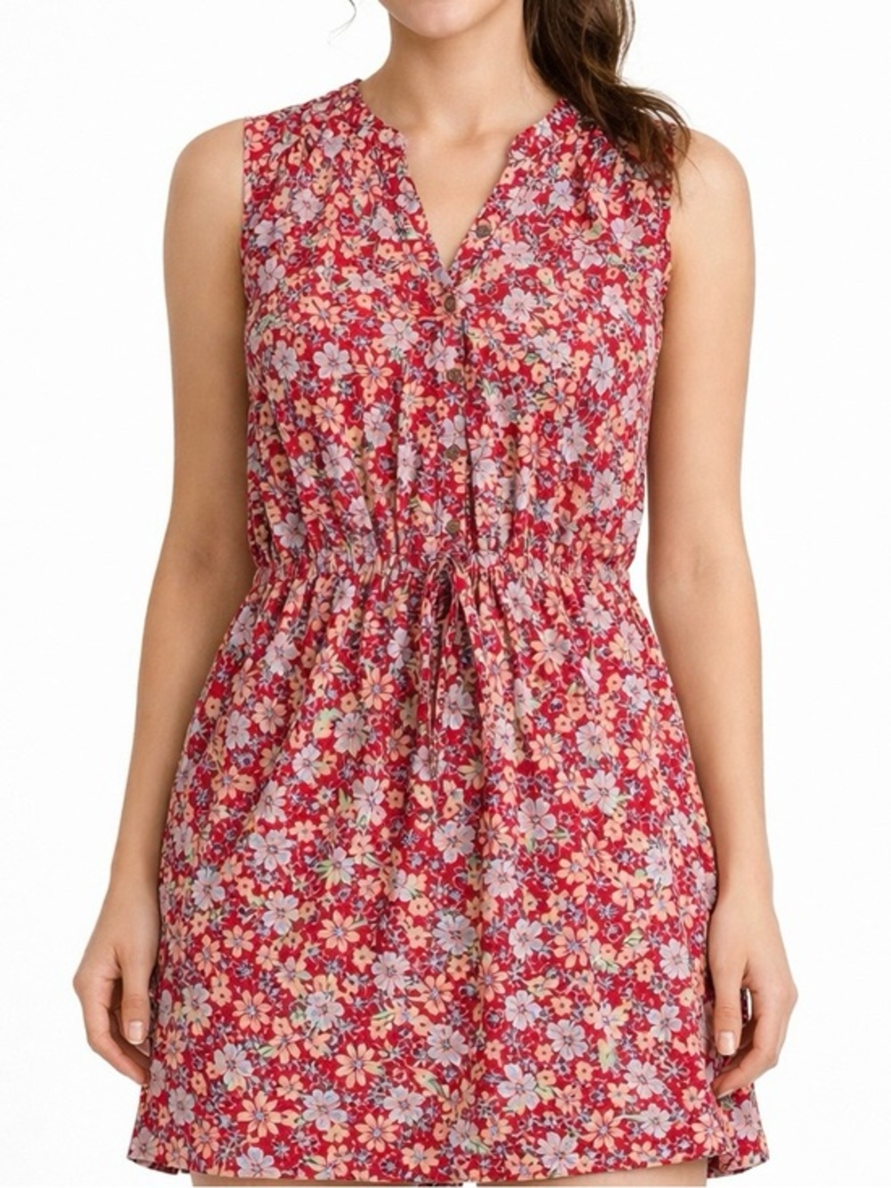 In Every Story Red Floral Sleeveless Shirt Dress with Drawstring Waist Size X